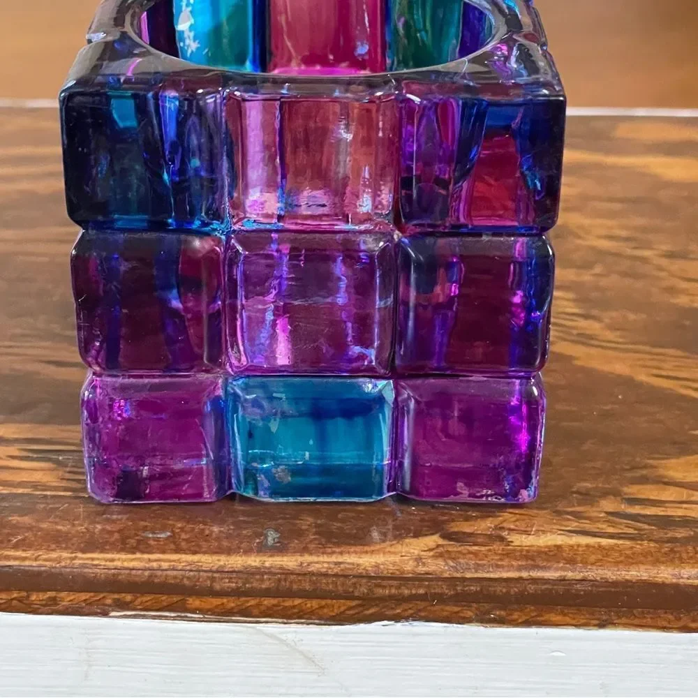 Colorful Cube Glass Votive Candle Holder Pink Blue Purple
